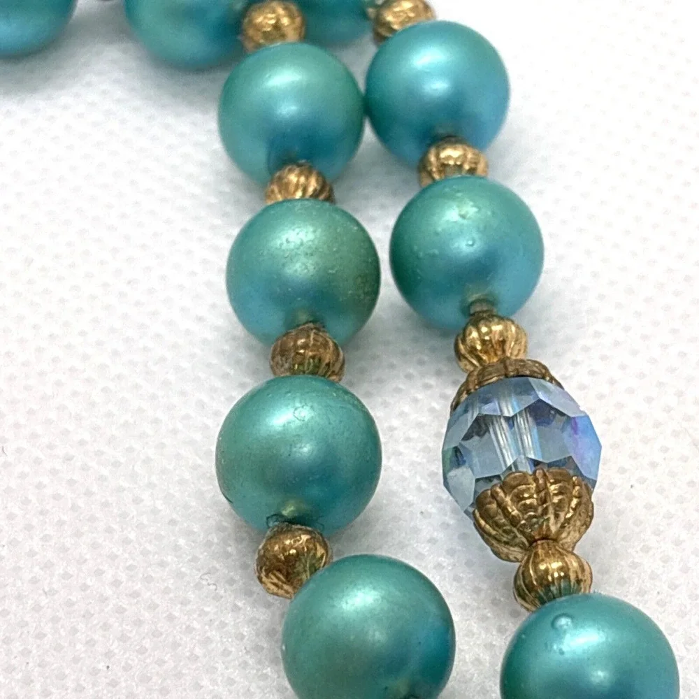 Vintage Aqua Blue Green Plastic Bead 2 Strand Tiered 16'' Necklace 1960s Retro‎